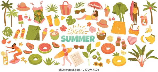 Collection of tropical summer beach woman vector illustrations, essentials, swim suits, outfit, summer drinks, fruits, palm trees and ice creams