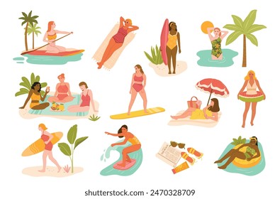 Colección de las Ilustraciones vectoriales tropicales de las mujeres de la playa del verano, surf de la mujer, tomar el sol, nadar, remar, picnic, y relajarse en flotadores