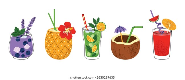 Collection of tropical summer cocktails in flat vector style. Colorful refreshing drinks with fruits, herbs and ice: blueberry, pineapple, mojito, coconut and watermelon. Isolated on white background.