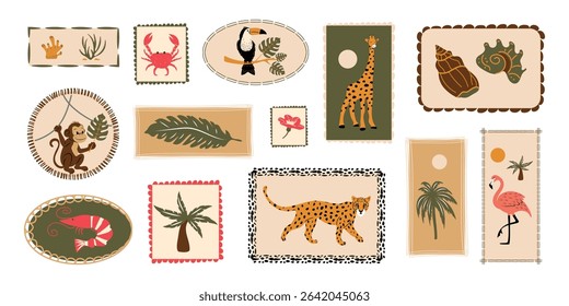 A collection of tropical, trendy hand-drawn stickers on a white background. Vector design.