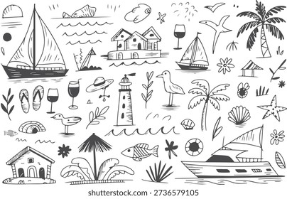 A collection of tropical vacation illustrations featuring boats, houses, and palm trees Vector