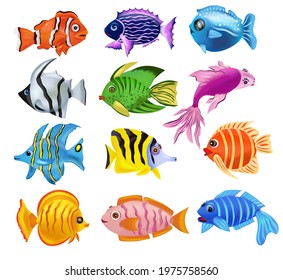 Collection Tropicals colorful fish. Addis butterfish, French angelfish, Reef fish, Clownfish, an others. Underwater world, Cartoon character. 3D vector icon.