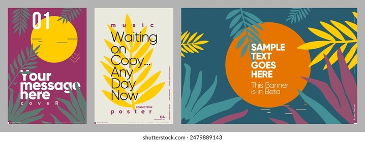 A collection of tropical-themed vector posters with vibrant colors and editable text spaces, perfect for marketing covers, event banners, and creative media projects.