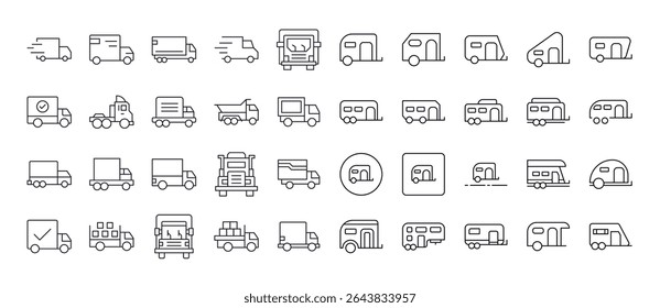 Coleção de Caminhão e Motor Home Ícones de Linha Relacionados. Outline Signs para Gráficos e Web Design, Apps, Anúncios, Vários Cartões
