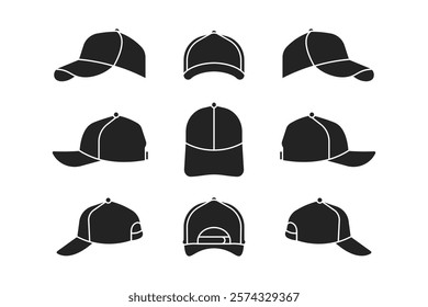 Collection of trucker hat vectors from various angles made in silhouette style