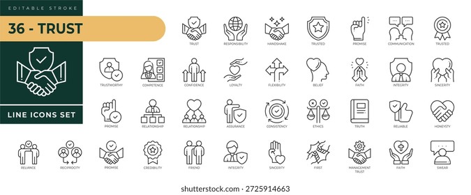 Uma coleção de ícones de confiança definidos com traço editável, incluindo responsabilidade, crença, amigo, lealdade, sinceridade, primeiro, promessa, credibilidade, fé, verdade, aperto de mão. Ilustração de vetor linear fino