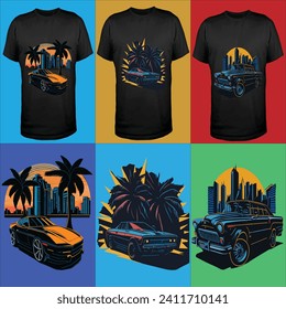 The collection of T-shirt design of sports car on the city