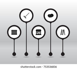 Collection Of Tuber, Rake, Staircase And Other Elements.  Set Of 5 Farm Icons Set. 