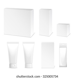 Collection of tubes and packing boxes, cardboard boxes, plastic cream tube. Vector illustration