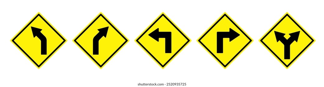 Collection of turning warning signs. Right turn and left turn warning set. Yellow warning diamond traafic sign. Guide character signs vector Illustration collection for graphic and web design.