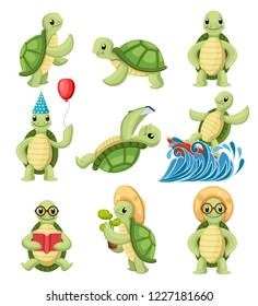 Collection of turtles cartoons characters. Little turtles do different things. Flat vector illustration isolated on white background.