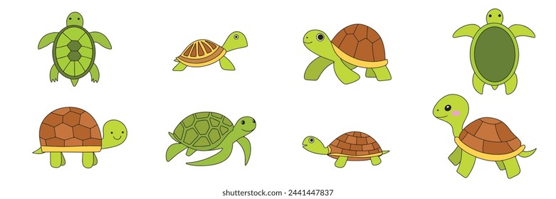 Collection of turtles in doodle style colored outline Hand drawn vector art