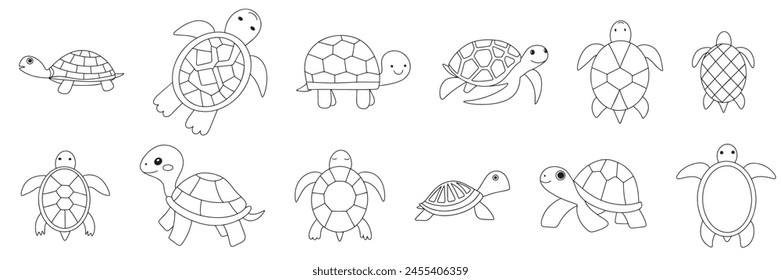 Collection of turtles isolated in doodle style. Outline tortoise sets. Hand drawn vector art.