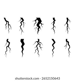 Coleção de 12 ilustrações abstratas de vetor de rachaduras pretas no solo fissuras danificam a destruição textura elementos gráficos de design