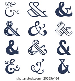 Collection of twelve ampersands sign designs. Vector illustration