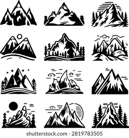 Collection of twelve artistic mountain summit illustrations with varied rugged terrain forest pine trees and natural landscape silhouettes