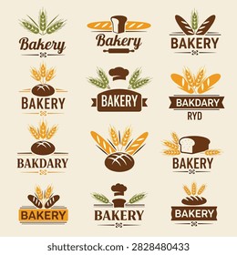Collection of twelve bakery logos featuring wheat sheaves bread loaves and ovens in vintage style