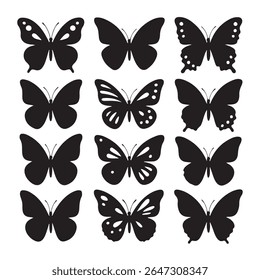 Collection of twelve black butterfly silhouettes with varied wing patterns and shapes