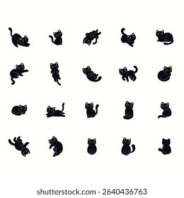 Collection of twelve black cat illustrations in various poses against a white background. Each cat is depicted in a simple, cartoon style, with easily identifiable features and expressions.