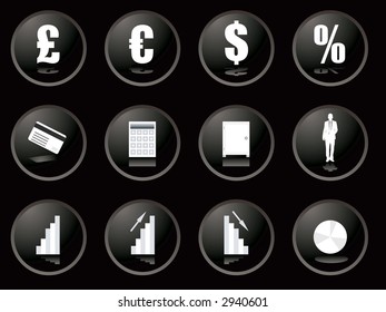 a collection of twelve black illustrated buttons showing financial objects