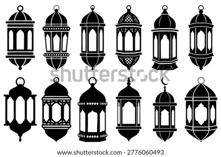 A collection of twelve black lantern silhouettes with ornate details, showcasing traditional Islamic and Middle Eastern artistry and craftsmanship.