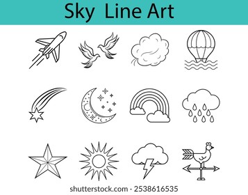 Una colección de doce dibujos de líneas negras que representan Elementos del cielo, incluyendo un avión, pájaros, nubes, un globo aerostático, una estrella fugaz, la luna, un arco iris, la lluvia, una estrella, el sol, el rayo