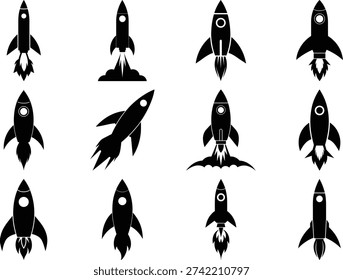 Collection of twelve black rocket ship with flames and smoke spaceship space launch blastoff