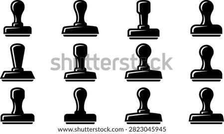 A collection of twelve black rubber stamp icons arranged in a grid, representing essential tools for business and finance document authentication, verification, and formal office administrative approval processes.