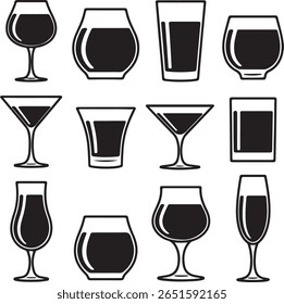 Uma coleção de doze ícones pretos silhueta drinkware em um fundo branco com vários tipos de vidro, incluindo copos de vinho coquetel e copos de licor