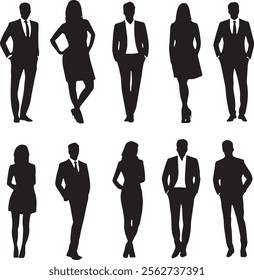 A collection of twelve black silhouette figures representing diverse business professionals.