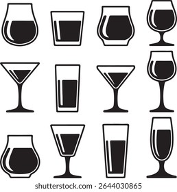 A collection of twelve black silhouette icons depicting various drinkware shapes and sizes against a white background. The styles are simple and minimalist.