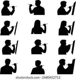 A collection of twelve black silhouette icons depicting individuals engaged in the act of painting on a canvas, presented against a clean white background for clarity and focus on the subject matter.