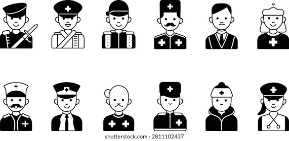 Collection of twelve black silhouette icons representing medical personnel and military medics, including doctors, nurses, and healthcare workers with uniforms, hats, and stethoscopes, isolated vector designs
