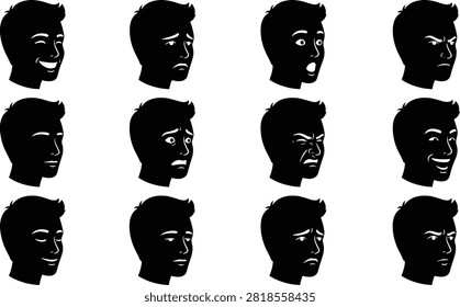 A collection of twelve black silhouette vector illustrations of a male head displaying various facial expressions such as happiness, sadness, surprise, anger, and confusion. Ideal for use in emotion recognition graphics, character design, psychology visuals, and expressive art projects.
