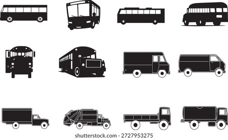 Una colección de doce siluetas negras de diferentes tipos de autobuses y camiones se muestran sobre un fondo blanco limpio. Las Imágenes muestran varios modelos, incluidos autobuses urbanos, autobuses escolares, camionetas, un camión de basura, un camión de plataforma y un camión cisterna, presentados desde diferentes ángulos, como vistas frontales, laterales y de tres cuartos. Este conjunto proporciona una amplia gama de contornos de vehículos para fines de diseño e ilustración.