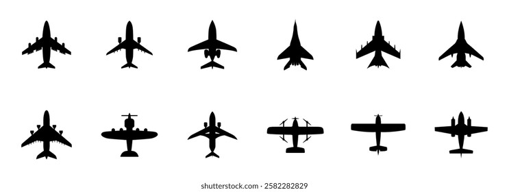 A collection of twelve black silhouettes of various airplanes, depicted from a top-down perspective.