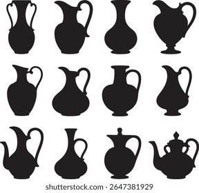 Uma coleção de doze silhuetas pretas de vários jarros vintage e jarros contra um fundo branco. As silhuetas retratam diferentes formas e tamanhos de projetos clássicos de cerâmica.