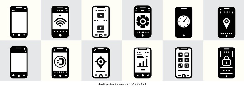 A collection of twelve black smartphone icon designs showcasing various app interfaces, including Wi-Fi, settings, clock, maps, security, and analytics, in a clean and minimal style.