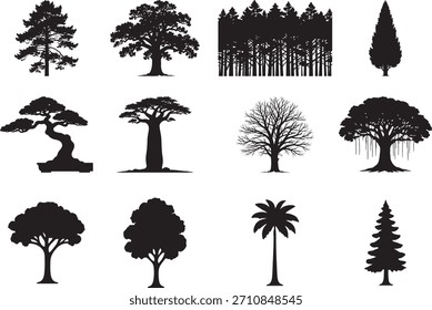 Una colección de doce siluetas de árboles negros presentadas en un diseño de cuadrícula limpia. Este conjunto incluye varios tipos de árboles como pinos, robles, árboles tropicales, baobab, bonsáis, árboles sin hojas de invierno