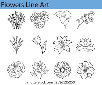 Uma coleção de doze desenhos de arte em linha preta e branca de várias flores, incluindo margaridas, tulipas, lírios e muito mais, perfeito para colorir.