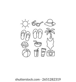 Uma coleção de doze ilustrações de arte em linha preto e branco com vários itens com tema de verão, perfeito para design sazonal, decoração e projetos criativos.