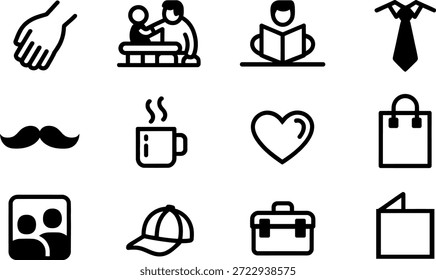 Una colección de doce iconos de arte de línea de Vector simple en blanco y negro que representan objetos y actividades cotidianas aisladas sobre un fondo transparente