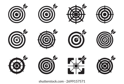 Uma coleção de doze ícones de alvo em preto e branco com setas, representando metas, precisão e mira.