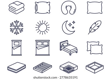 Collection of twelve blackline vector icons depicting various bedding and sleep-related symbols including pillows, mattresses, moon, sun, and feather for infographic design and branding materials