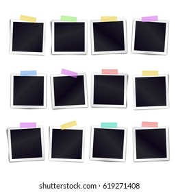 Collection of twelve blank photo frames sticked on color duct tape to white background. Template for design calender. Vector illustration