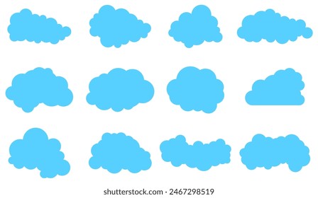 Collection of twelve blue cloud-shaped icons in various styles. Ideal for weather forecasts, app designs, and creative projects requiring cloud graphics.