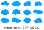 A collection of twelve blue cloud-shaped speech bubbles in various styles and sizes. Ideal for communication design, social media graphics, and creative projects.