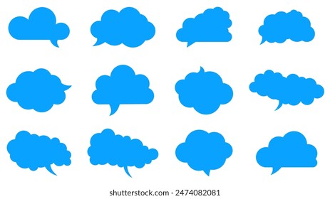 A collection of twelve blue cloud-shaped speech bubbles in various styles and sizes. Ideal for communication design, social media graphics, and creative projects.