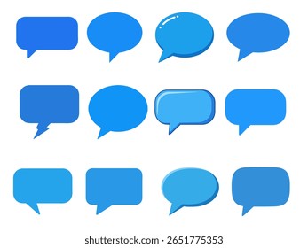 A collection of twelve blue speech bubbles in various shapes and styles, isolated on a white background. These icons represent communication, conversation, and messaging.