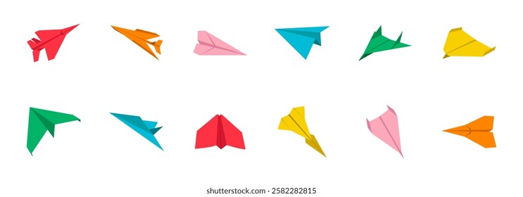 A collection of twelve brightly colored paper airplanes in various flight positions.